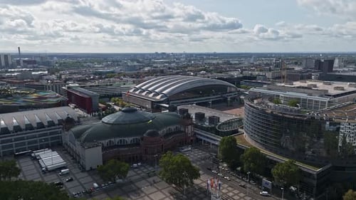 Aerial Drone View of Messe Frankfurt Exhibition Center in Frankfurt, Germany