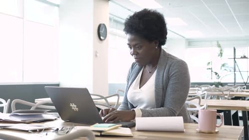 Businesswoman Working at Laptop at Table in Coworking Space Office Adult