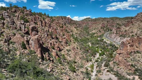 Aerial view of winding road through mountains, United States.