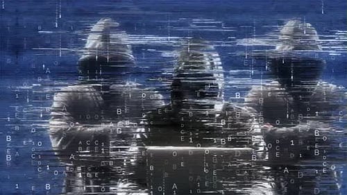 Digital Glitch Hackers and Binary Code Background