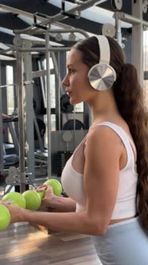 Attractive Young Woman Working Out with Dumbbells at a Gym