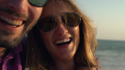 Happy Couple Recording Video, Taking Selfie on Beach, Super 240