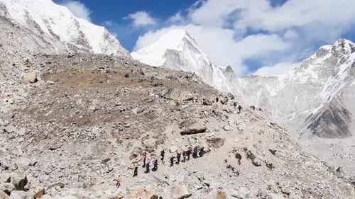 Group Of Hikers Approack Everest Base Camp