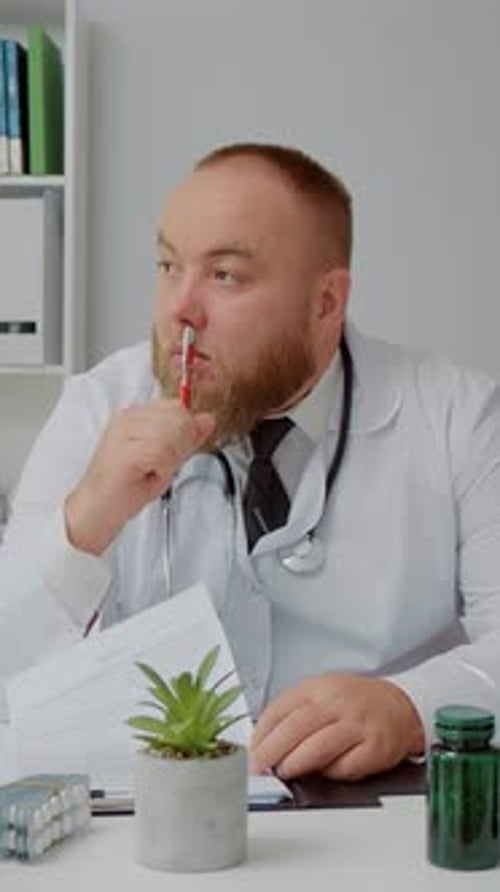 Vertical Screen Qualified man therapist with stethoscope filling medical form of patients.