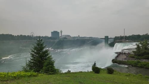 Timelapse of Niagara Falls in the USA with Dramatic Cloudy Sky Above the Waterfall