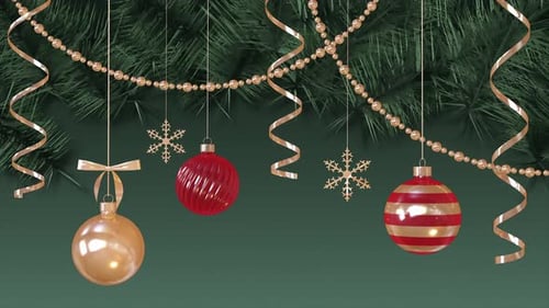 Animated Christmas Decorations with Golden Ribbons and Ornaments