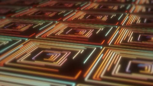 Abstract Digital Line Moving On Square Shape Background. Futuristic High Tech Background. Computer