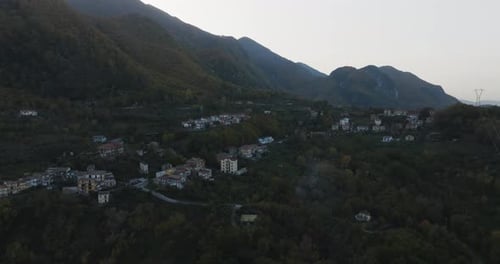 Aerial view of Pietrastornina amongst mountains, Italy.