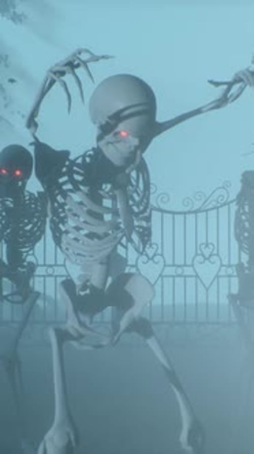 Attacking skeletons at night in the cemetery.