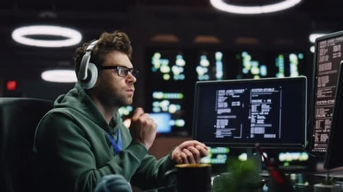 IT Programer Listening Headphones Working Desktop Computer Data Center Closeup