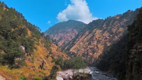 Stunning nature landscape aerial view, highlighting mountains, rivers, and forests.