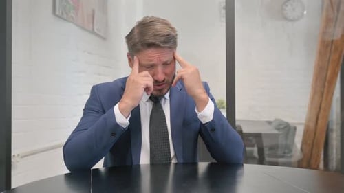 Tired Mature Adult Businessman with Migraine Sitting in Office