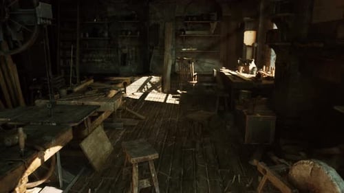 Suspenseful Scene Inside Forgotten Woodshop with Flickering Lantern Light