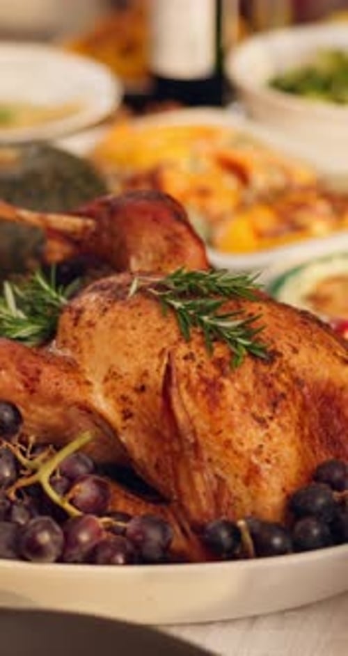 Thanksgiving, roast and turkey on table in dining room for festive holiday