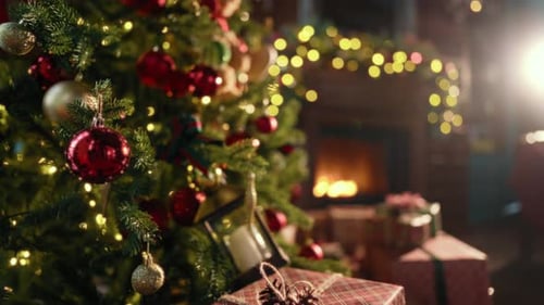 Cozy Christmas Scene with Tree and Fireplace