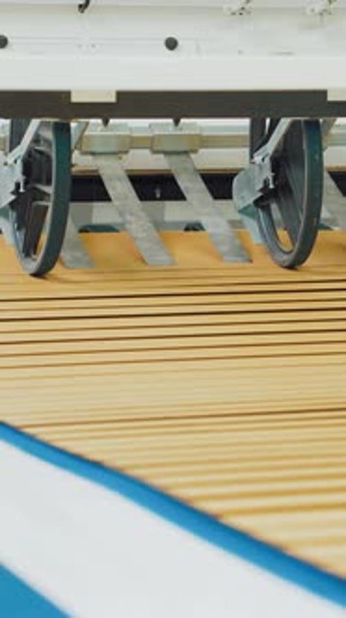 Automated Machinery in a Manufacturing Process Smoothly Guiding Corrugated Cardboard Sheet Along