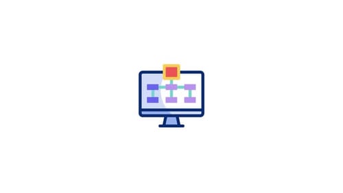 Animated Computer Monitor with Network Flowchart Icon