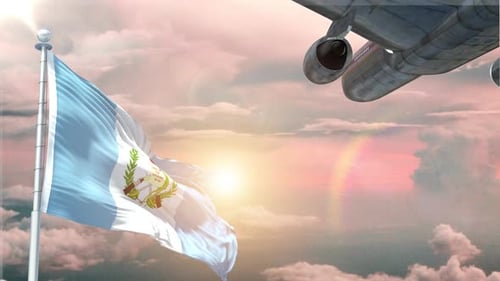 Realistic Waving Flag and Airplane Flying in Sunset Sky