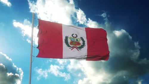 Peruvian Flag Waving in Realistic Wind Against Sunny Sky