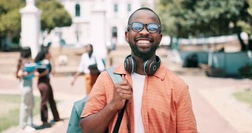 Smile, education and student black man on college campus for university, school or scholarship