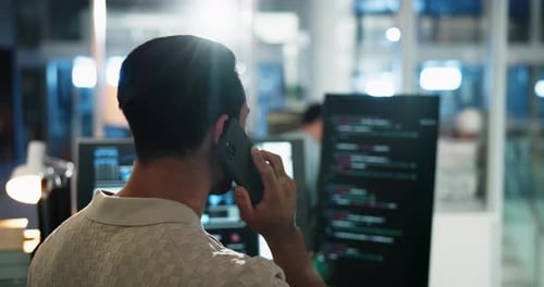 Phone call, back and programmer with person and computer for software developer