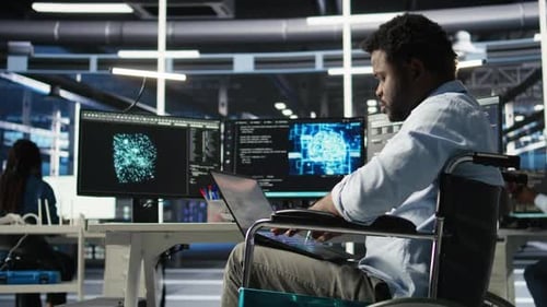 Data Center Computer Scientist in Wheelchair Using AI Node Tree Software