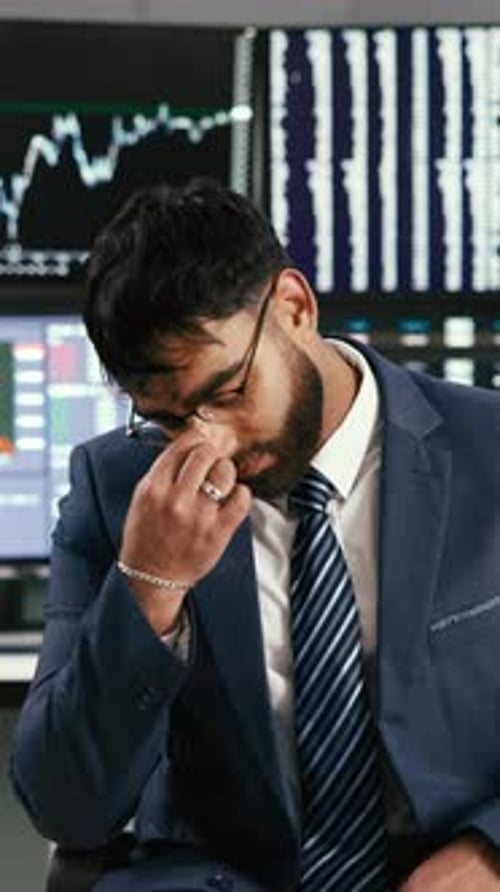 Businessman, headache and stock market with stress for crash or financial loss in office