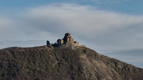Aerial view on ancient Jvari monastery in Mtskheta, Georgia 2022