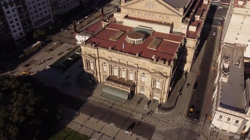 Colon opera Theater, Buenos Aires. Aerial top-down orbit