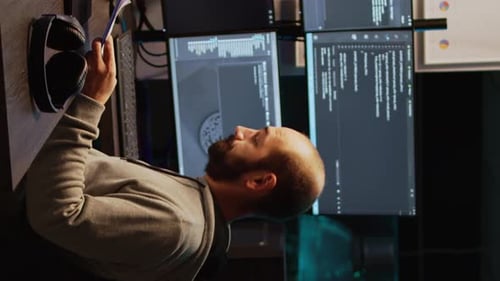 Vertical Video IT-Webentwickler beim Vergleich von Datendateien auf Zwischenablagepapieren