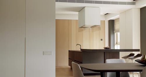 Minimalist Kitchen Room in White Colors with Dining Area of Natural Wood