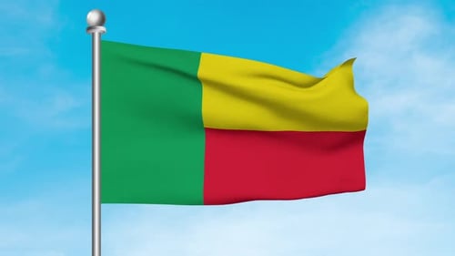 Realistic Benin National Flag Waving Animation against Blue Sky
