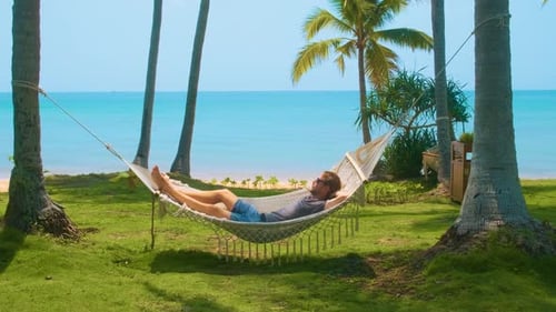 Man Relaxing in a Hammock Between Palm Trees on Tropical Beach with Turquoise Sea and Green Grass