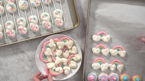 Time Lapse Flat Lay Step By Step Transfering Freshly Baked Unicorn Meringue Pops Cookies From the