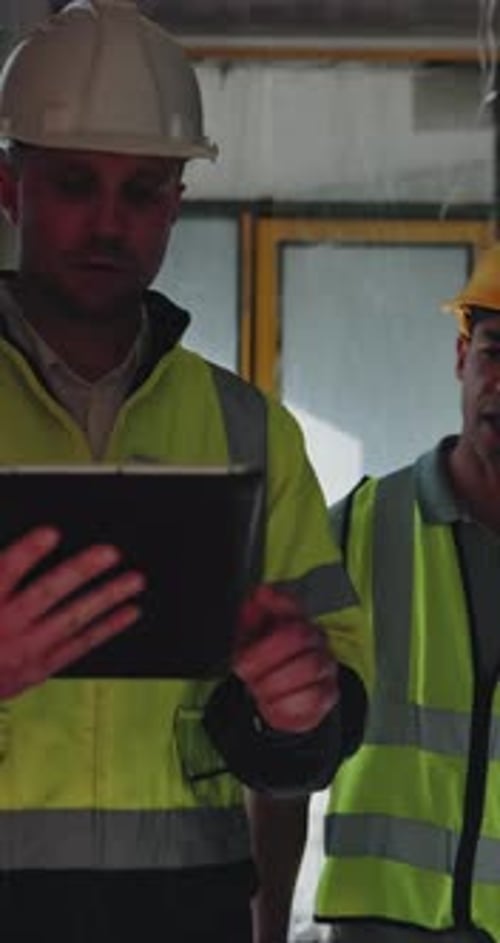 Architecture, conversation and men with tablet, construction site for building project and safety