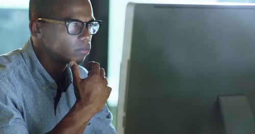 Tech, software and computer specialist thinking how to fix data glitch on media company ux