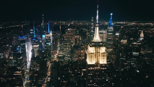 Breathtaking Manhattan USA Scenic Aerial Around Empire State Building Roof Night
