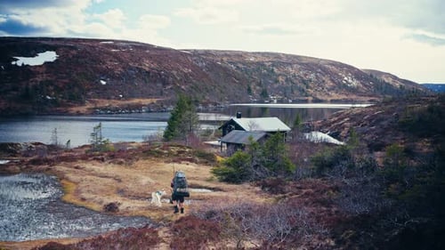 A Hiker With His Two Dogs Enjoying the Scenic Lakeshore of Reinsjøen in Åfjord, Trøndelag, Norway -