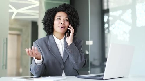 Woman Speaking On Phone at Office Desk