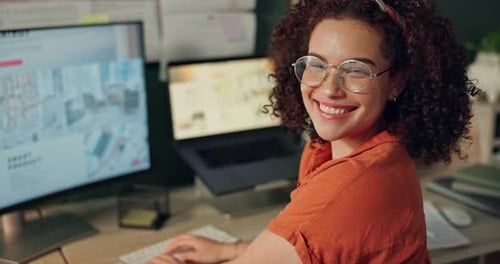 Computer, happy and face of woman for web design in office for user interface