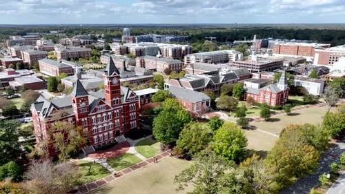 aerial orbit of auburn university campus in auburn alabama