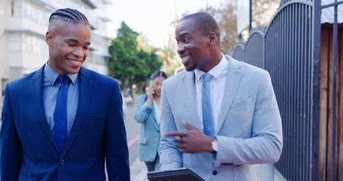 Talking, city and business people on tablet planning for online project