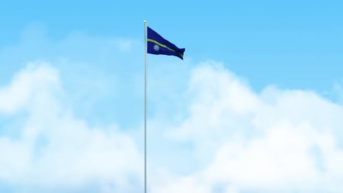 3D-Render-Animation der Flagge von Nauru, die auf einer Stange mit blauem Himmel weht