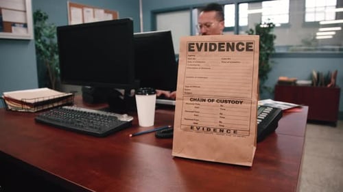 Police Officer Works in Station with Evidence Bag