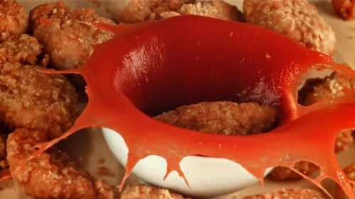Nuggets Fall Into Ketchup Filmed is Slow Motion 1000 Fps