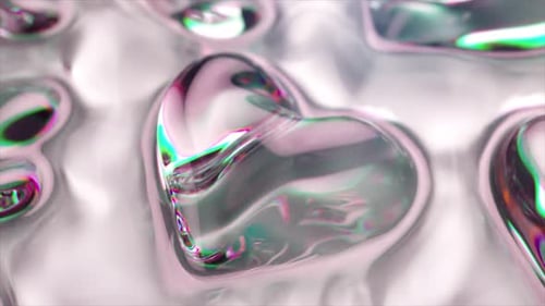 3D Animation of Clear Glass Hearts with Iridescent Reflections Inflating and Floating on a