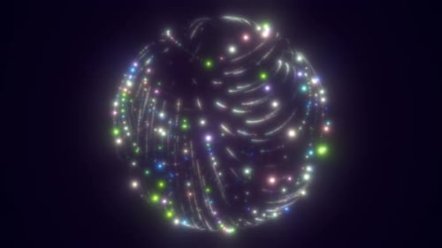 Abstract sphere of colorful glowing particles forming dynamic light trails