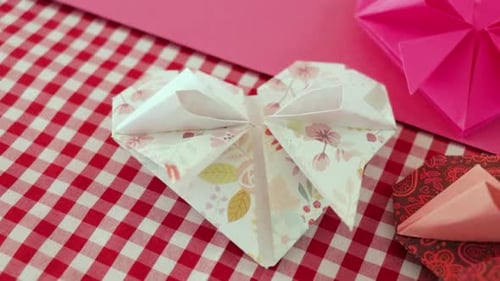 Floral Paper Heart, Origami Craft on Checkered Tablecloth