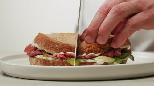 American Pastrami Sandwich in New York Ham Meet Cuts Chef Cooking Famous Thick Cut Sous Vide Beef