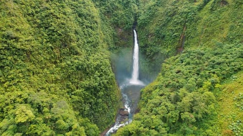 Majestic waterfall cascading through green canyon in tropical rainforest Costa Rica